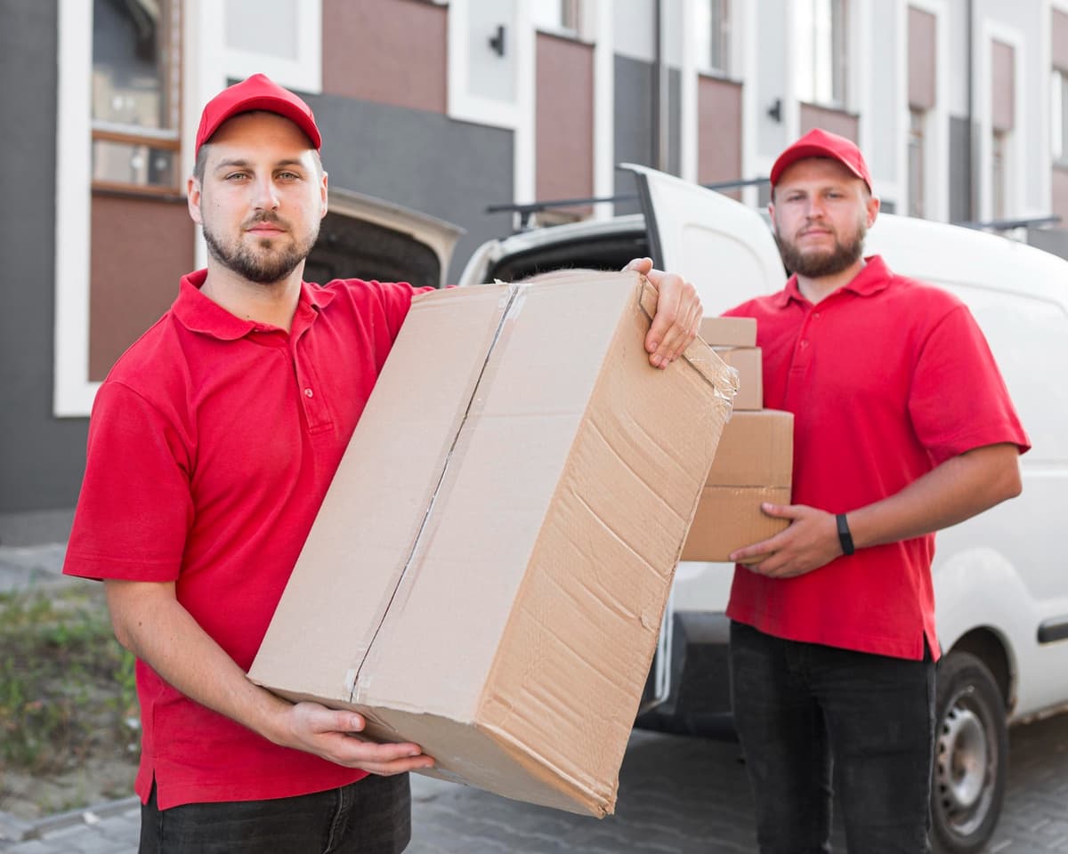 Two Bities movers carrying a large cardboard box