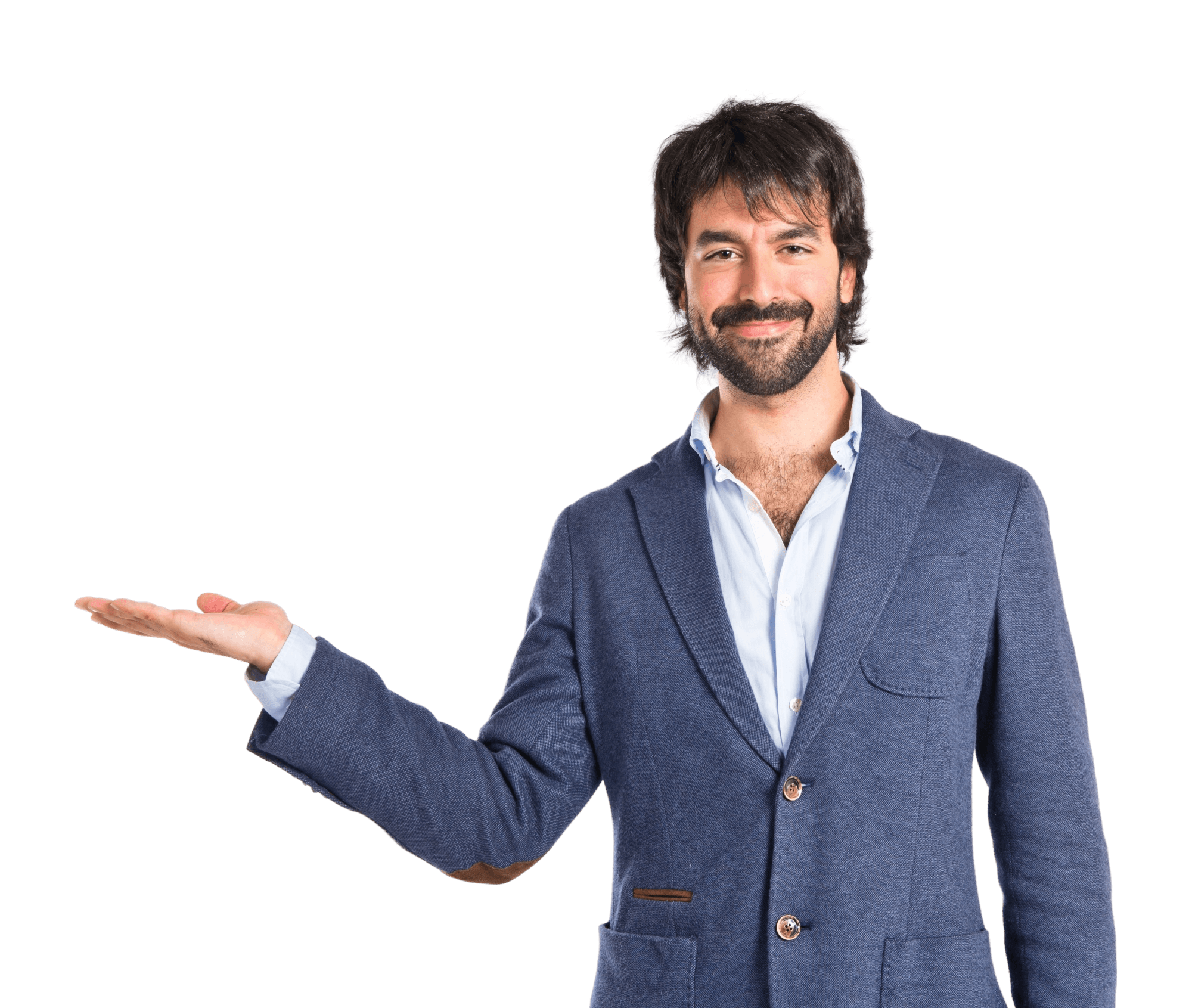Businessman in a suit pointing to the side