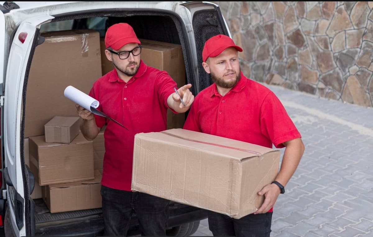 Business owner with two Bities movers carrying boxes