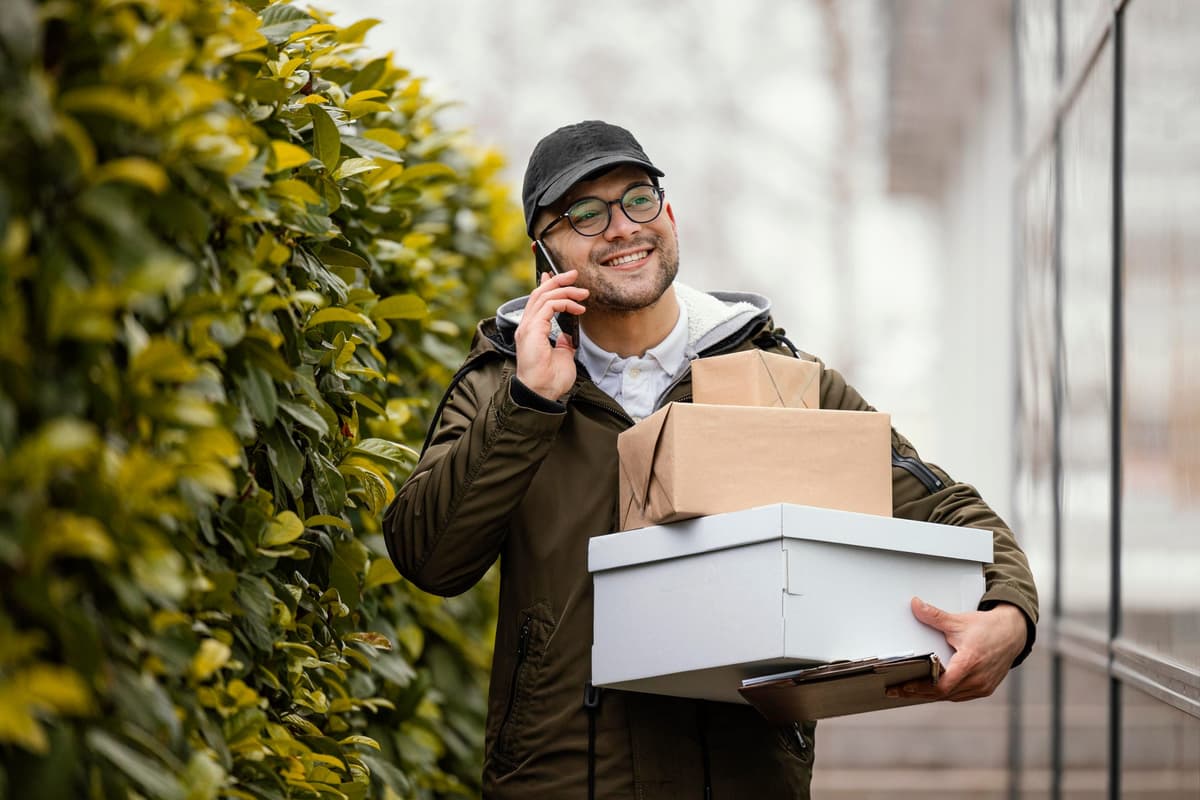 Courier on the phone carrying a parcel
