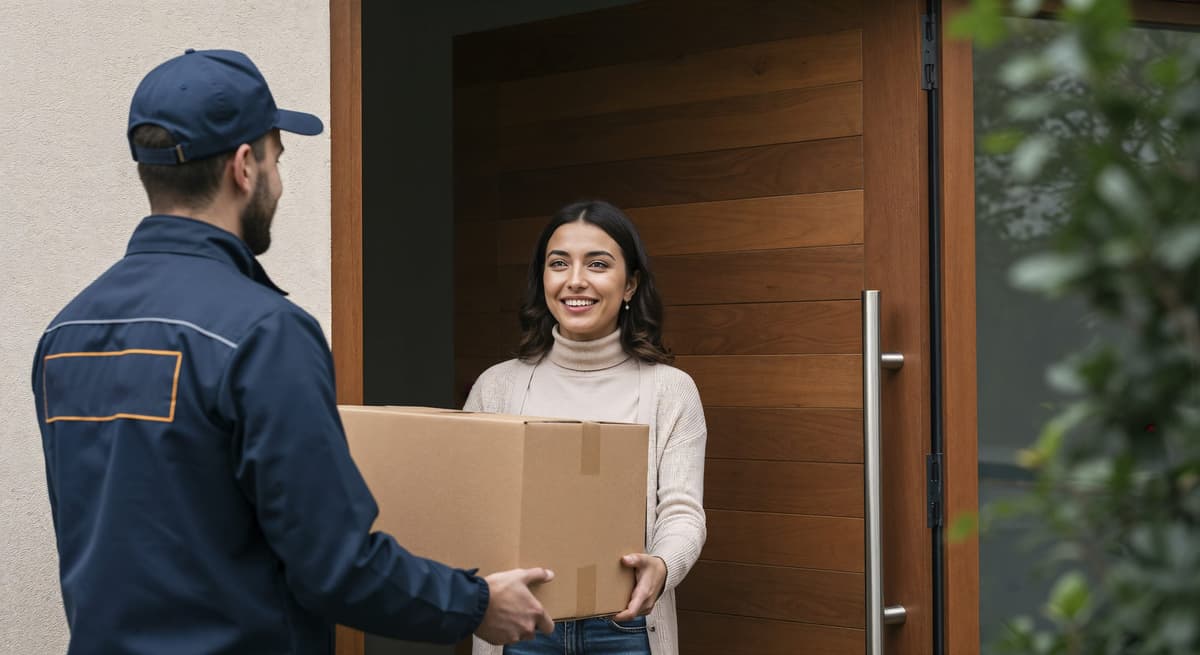 Courier handing a parcel to a customer at her door